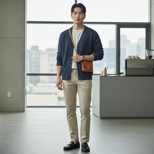 네이비 가디건 + 베이지 치노 팬츠: 비즈니스 캐주얼룩