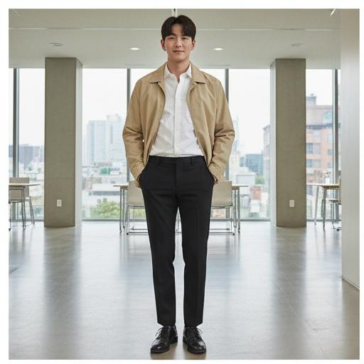 검정 슬랙스와 흰색 이너: 깔끔한 비즈니스 캐주얼