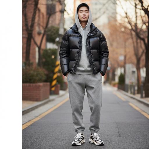 회색 후드티 & 조거 팬츠: 편안한 동네 마실 룩