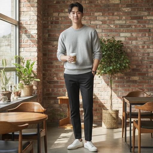 회색 니트 & 슬림핏 검정 슬랙스: 단정한 캐주얼 무드
