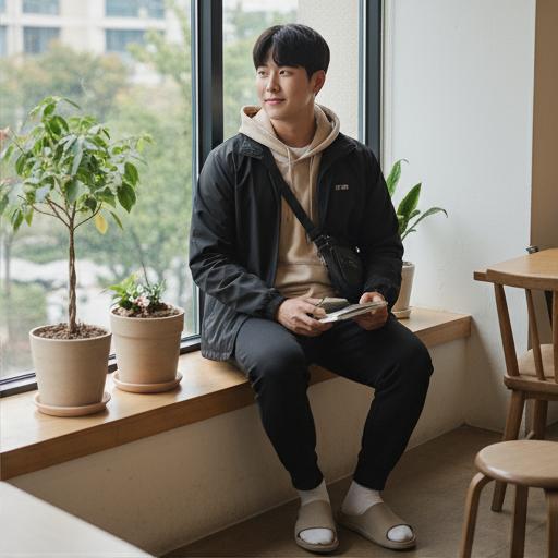 베이지색 후드티 + 검정 조거팬츠: 포근한 캠퍼스룩