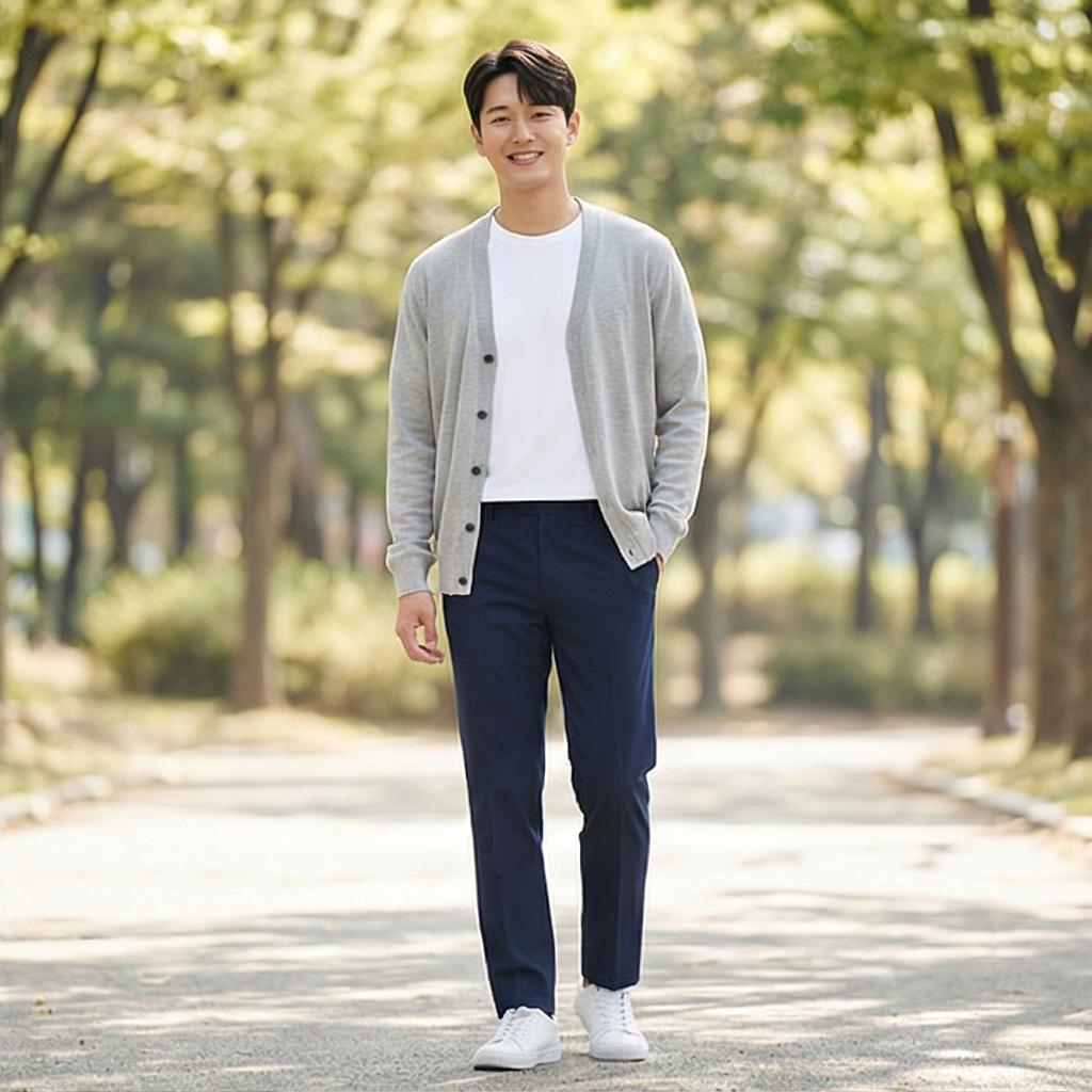 그레이 가디건과 흰 티: 여유로운 주말 나들이 스타일