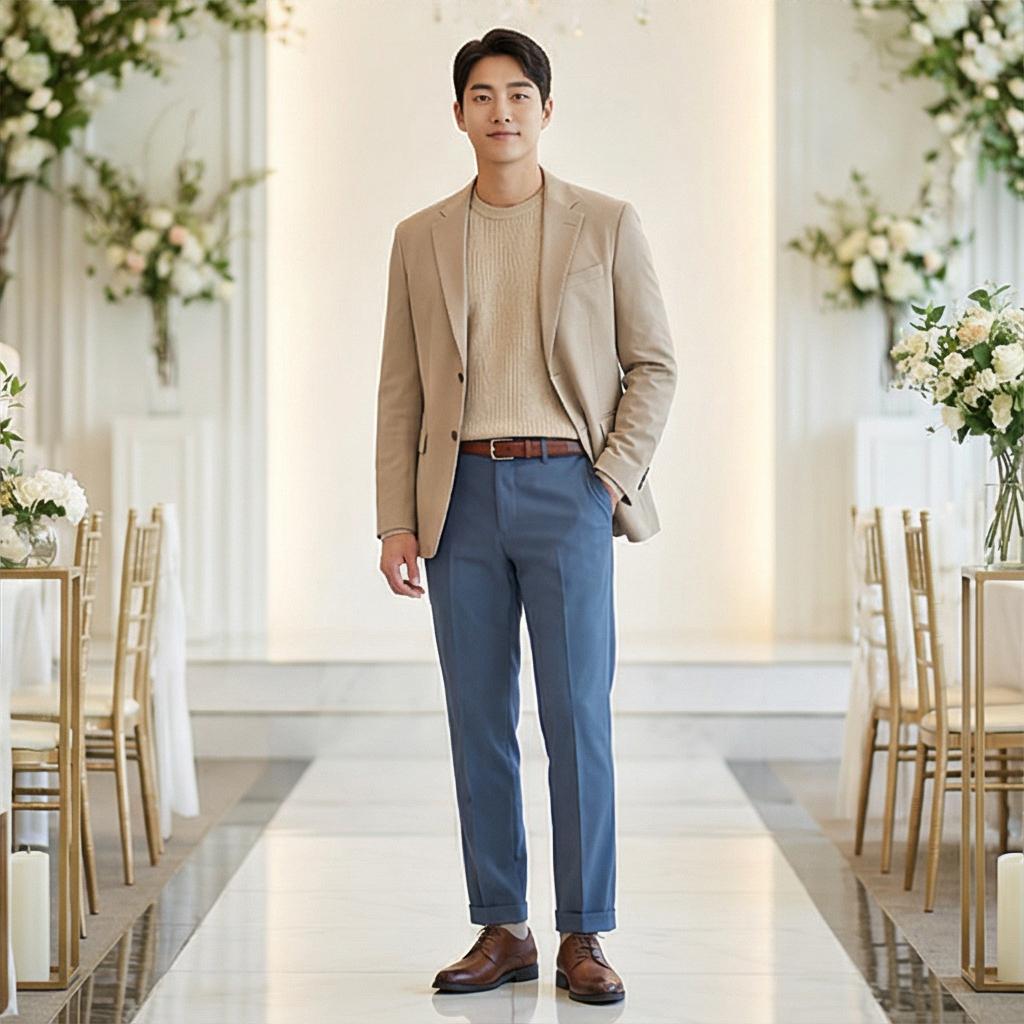 베이지색 니트와 자켓: 부드러운 하객 스타일