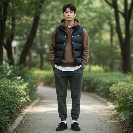 조거 팬츠와 패딩 조끼: 편안한 근교 나들이 룩