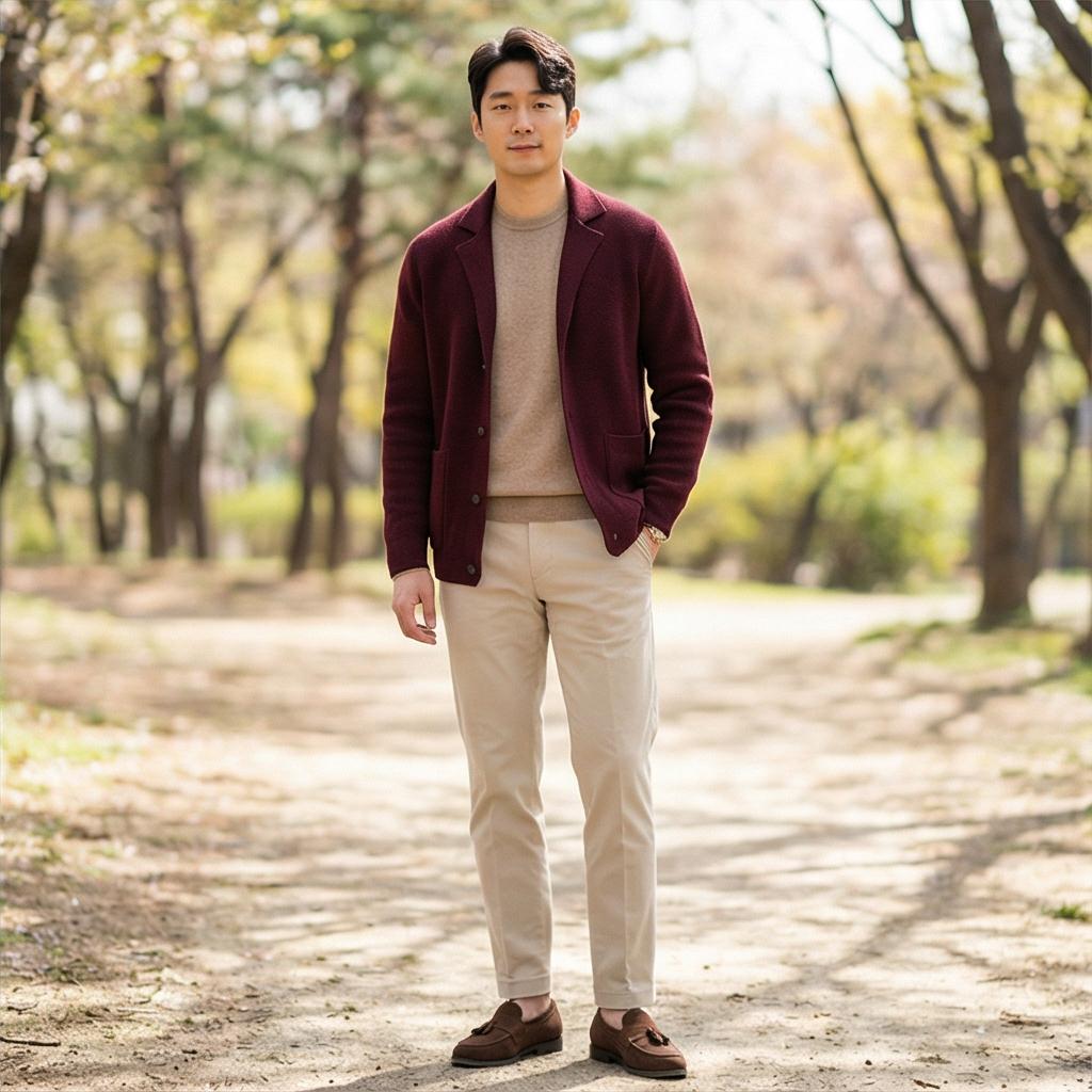 베이지 치노 팬츠: 부드러운 인상의 소개팅 룩