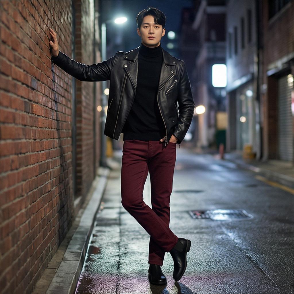 블랙 터틀넥 & 가죽 자켓: 모던하고 시크한 분위기