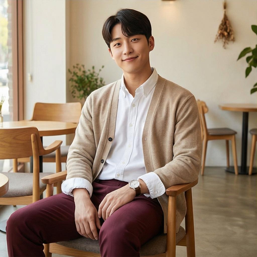 흰색 셔츠와 베이지 가디건 : 부드러운 인상의 데이트 룩