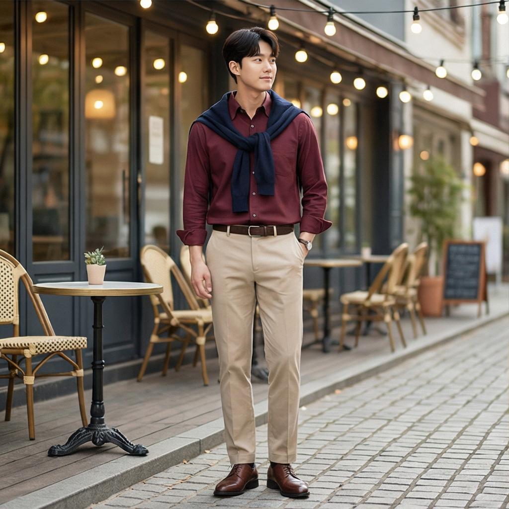 베이지 치노 팬츠: 부드러운 인상의 데이트룩