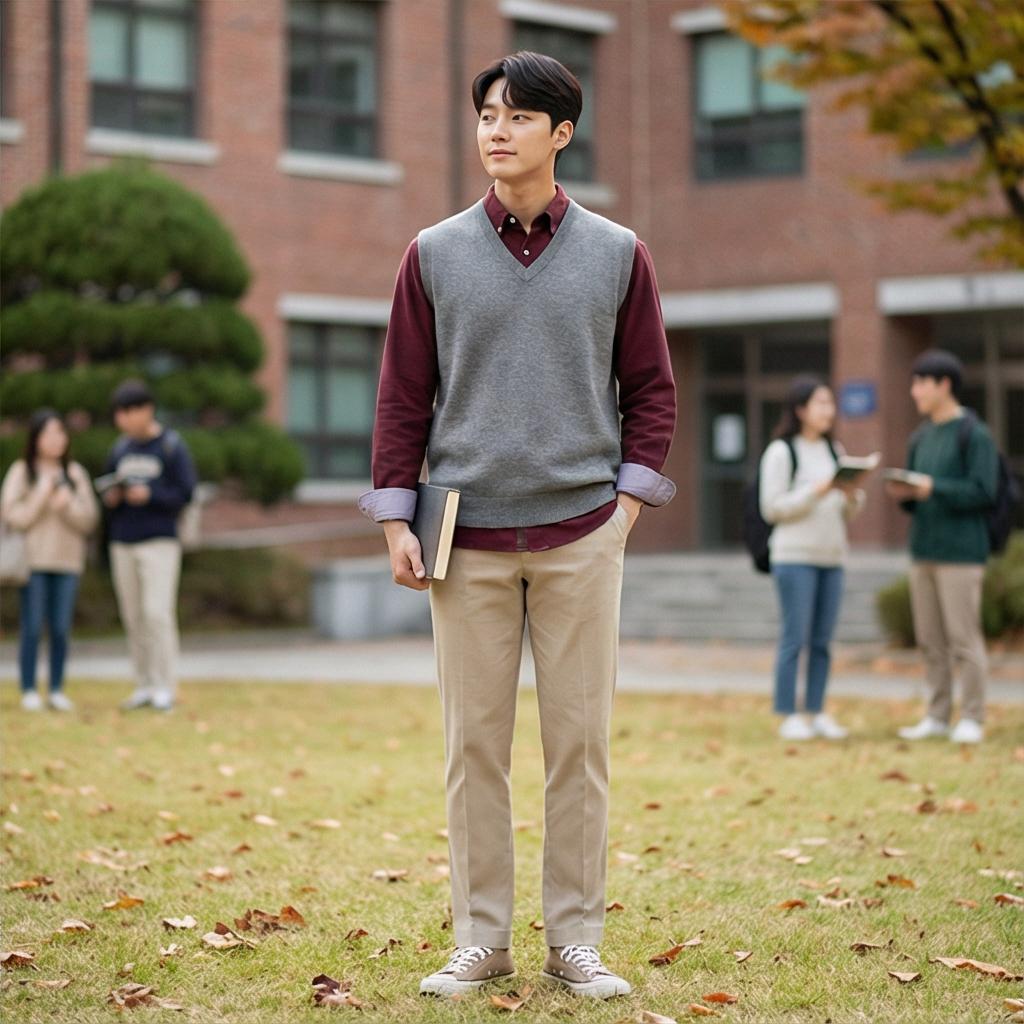 그레이 니트 베스트: 지적인 분위기의 캠퍼스룩