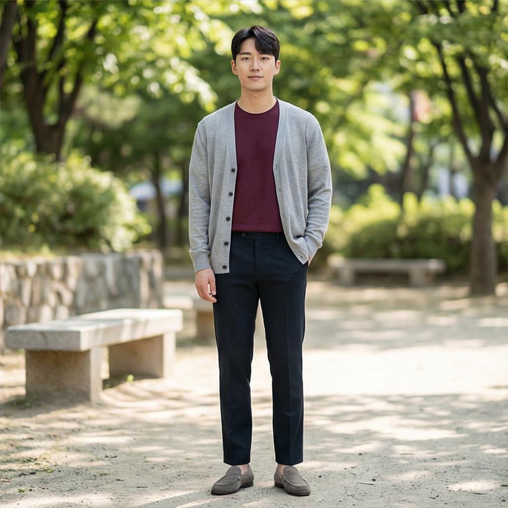 그레이 가디건: 차분한 간절기 레이어드 룩