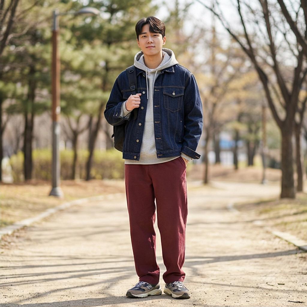 그레이 후드티 & 데님 자켓 : 활동적인 스타일