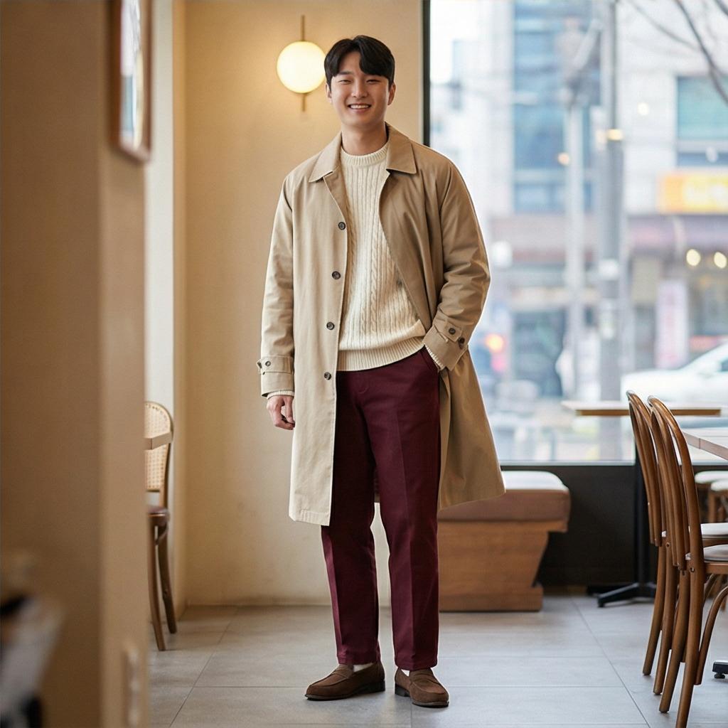 베이지 맥코트 & 아이보리 니트 : 부드러운 데이트룩