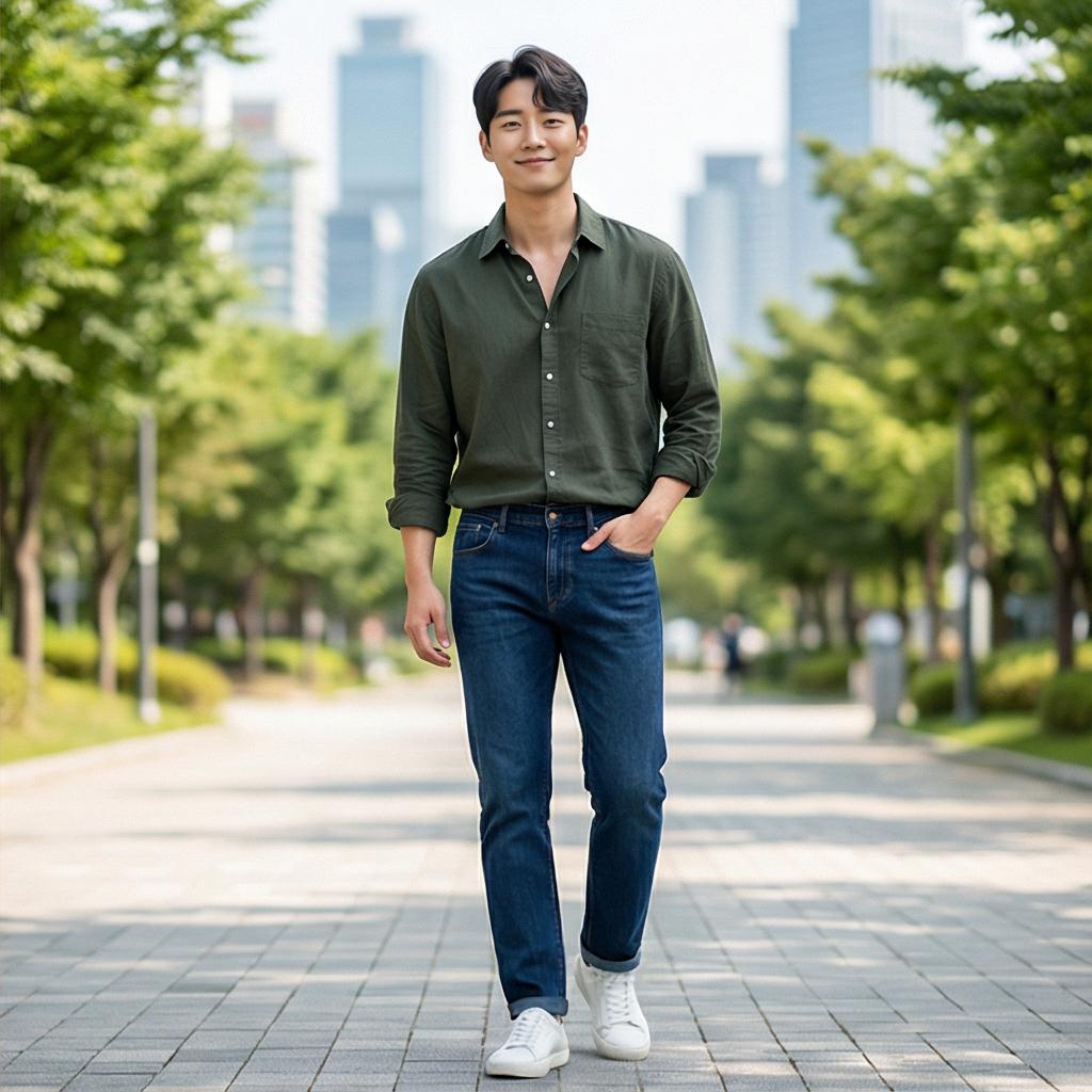 진청 데님 팬츠 : 활동적인 주말 나들이 룩