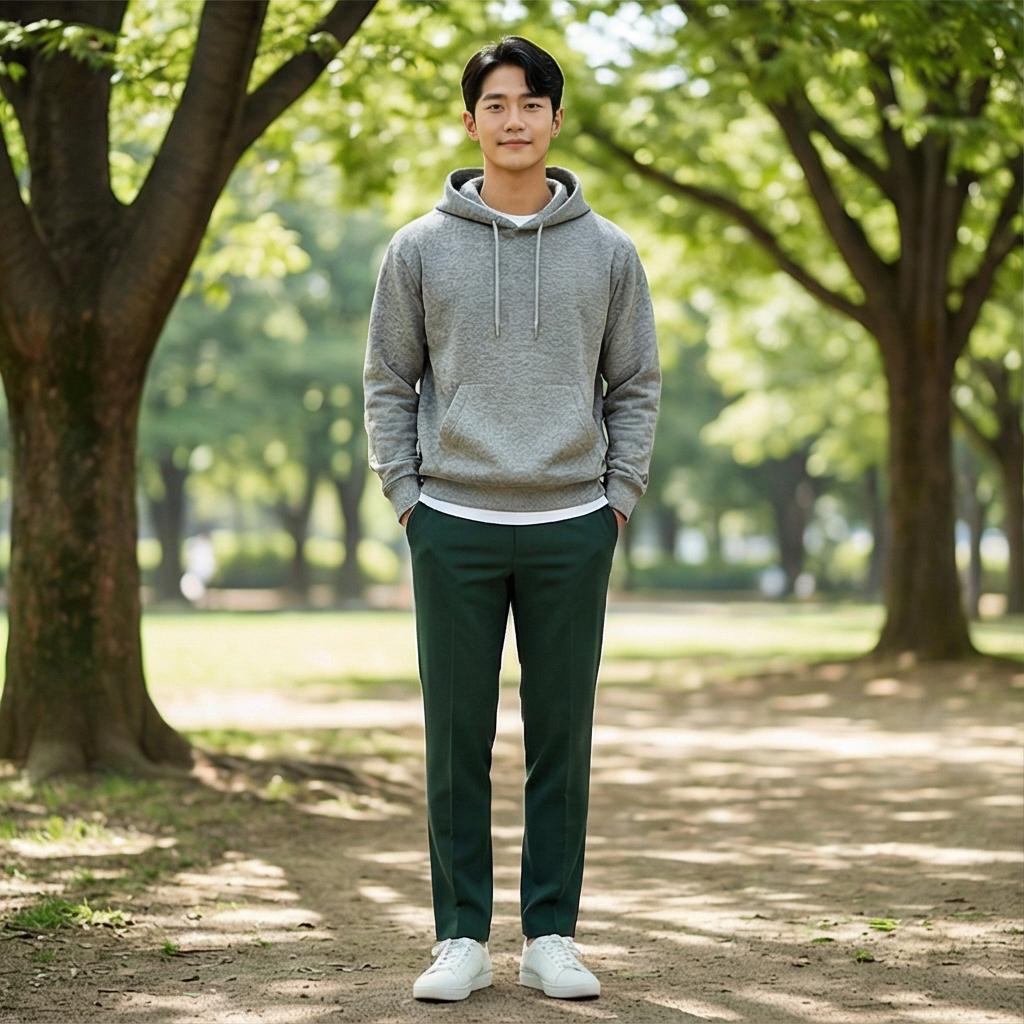 회색 후드티: 편안한 나들이룩