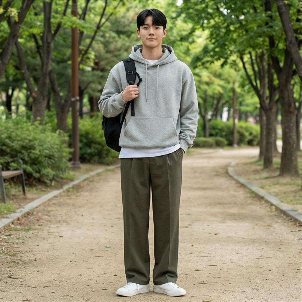 회색 후드티: 여유로운 꾸안꾸 스타일