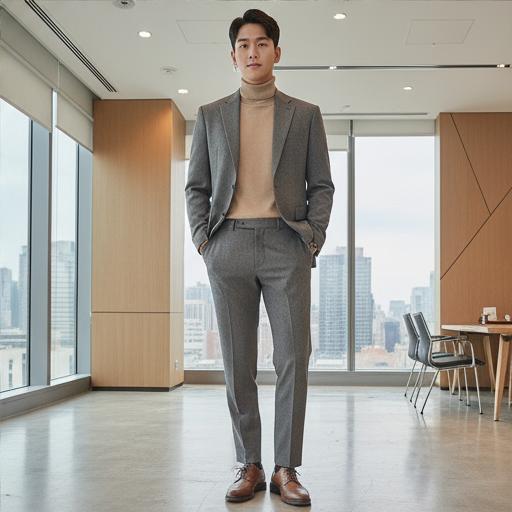 베이지 니트와 그레이 슬랙스: 세련된 미니멀룩