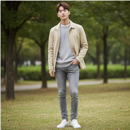 회색 니트와 화이트 스니커즈: 미니멀 레이어드 룩