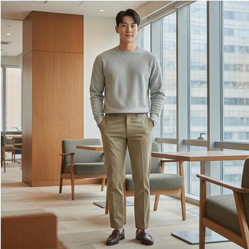 카키 팬츠와 로퍼: 비즈니스 캐주얼 무드