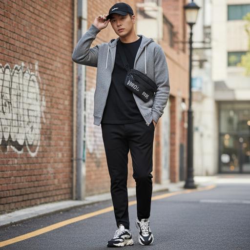 블랙 조거 팬츠와 스니커즈: 스포티 스트릿 스타일