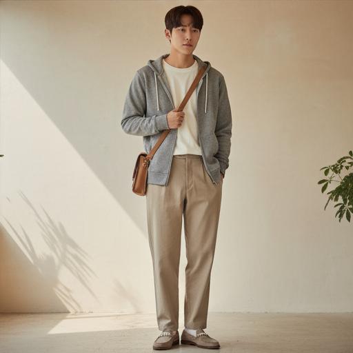 베이지 와이드 팬츠와 스니커즈: 느긋한 미니멀룩