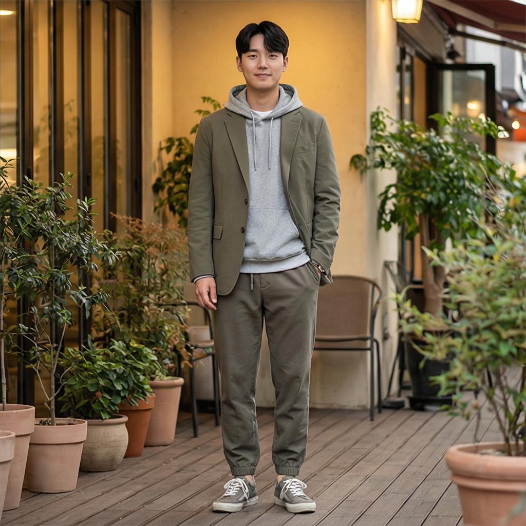 회색 후드티와 조거 팬츠: 편안한 꾸안꾸 스타일