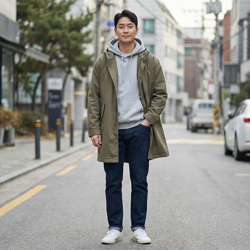 회색 후드티 & 데님 팬츠: 편안한 캐주얼 스타일