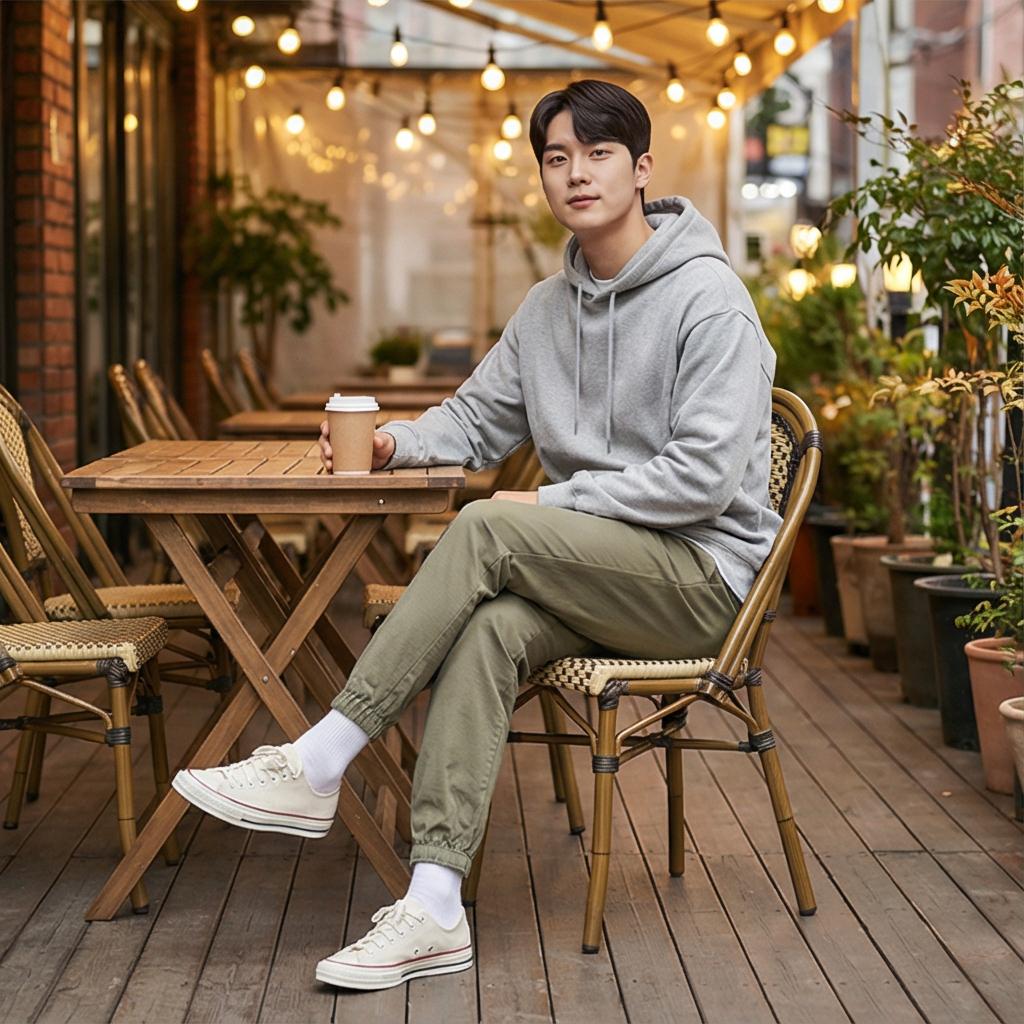 회색 후드티: 여유로운 주말 나들이 룩