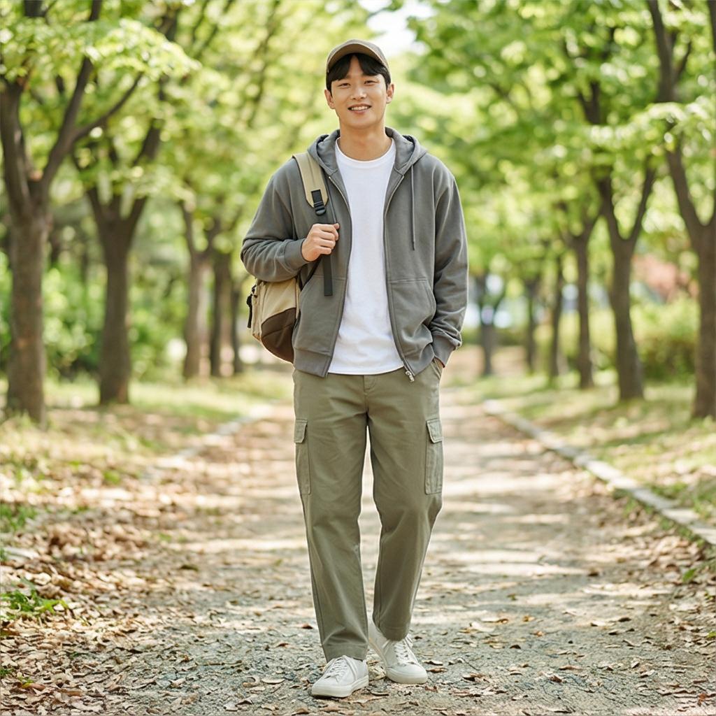 회색 후드티나 집업: 활동성이 좋은 근교 나들이 룩