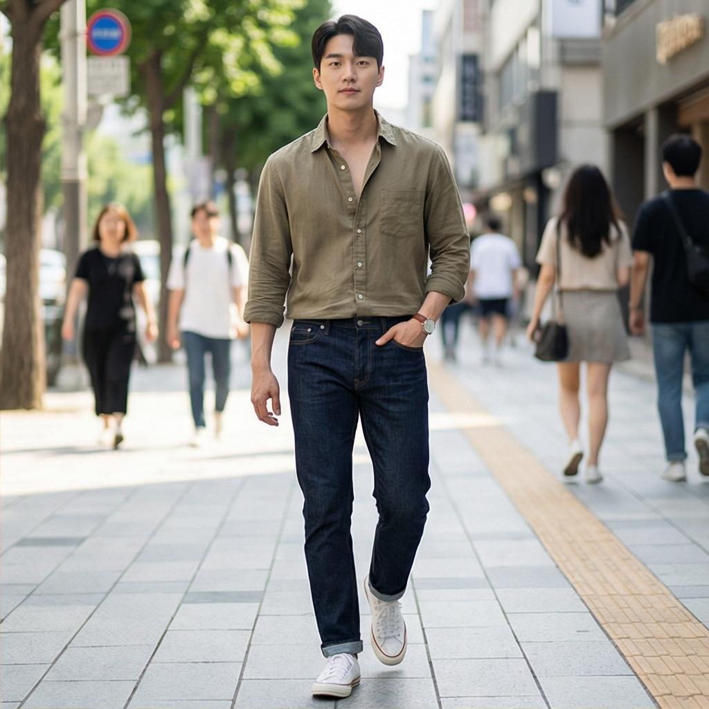 진청 데님 팬츠: 활동적인 분위기