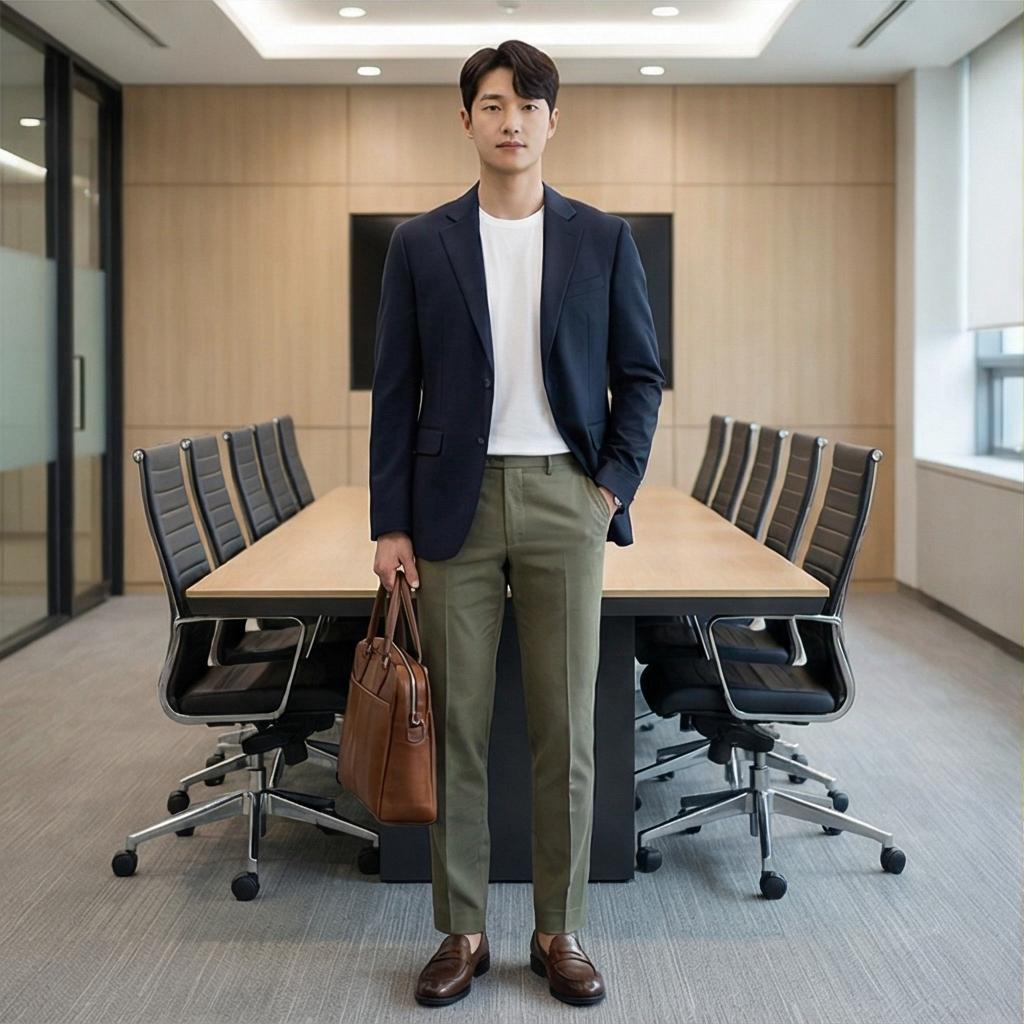 네이비 자켓: 신뢰감 있는 오피스룩