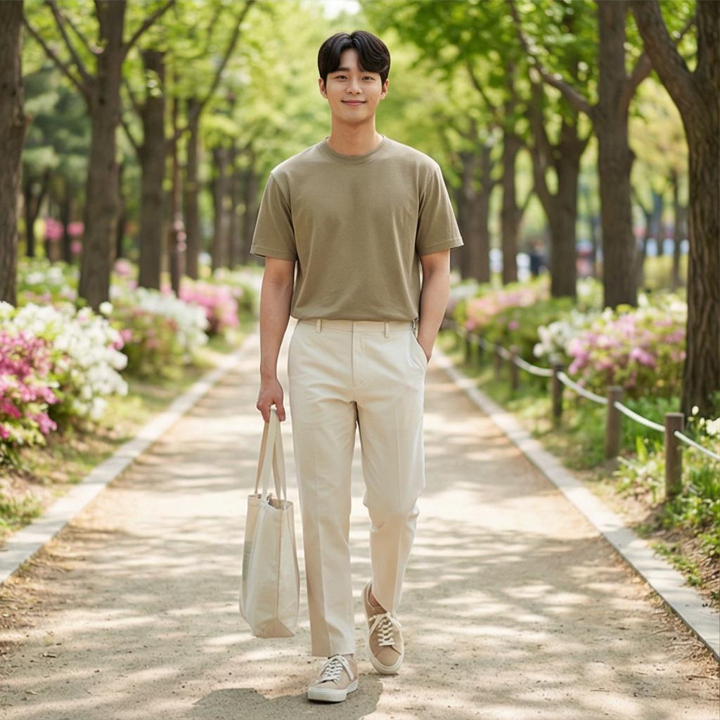 크림색 면바지: 부드러운 인상의 데이트 스타일