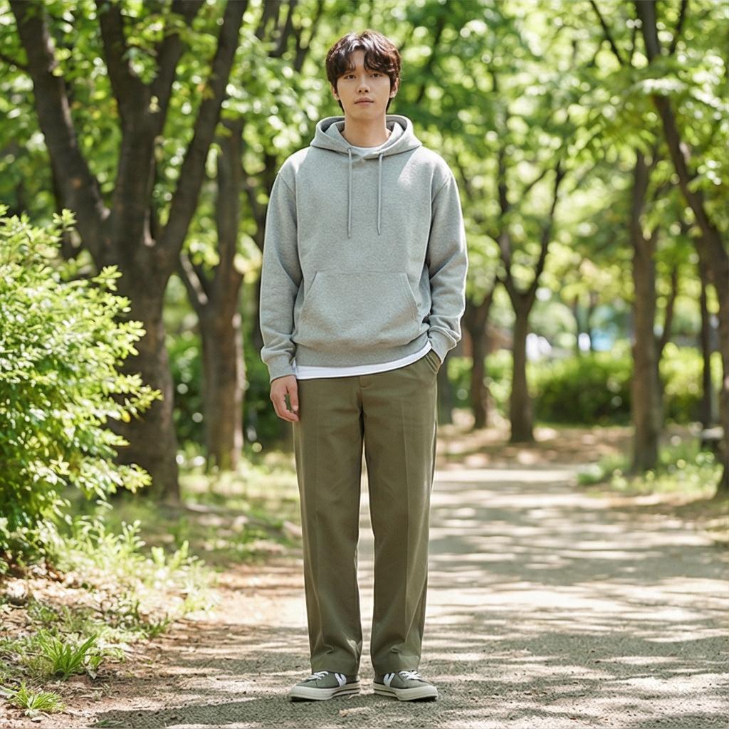 회색 후드티와 맨투맨: 여유로운 분위기