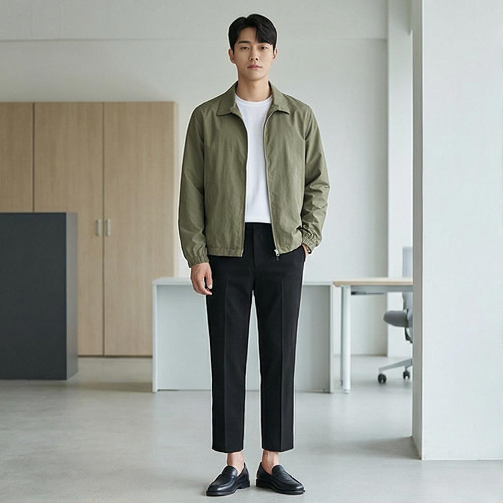 흰색 무지 티셔츠와 블랙 슬랙스: 깔끔한 비즈니스 캐주얼룩