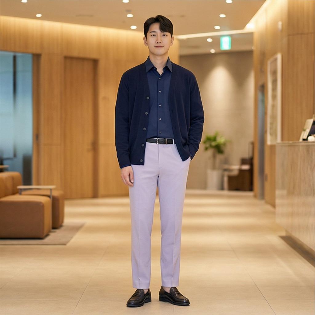 네이비 셔츠 혹은 카디건: 단정한 비즈니스 캐주얼