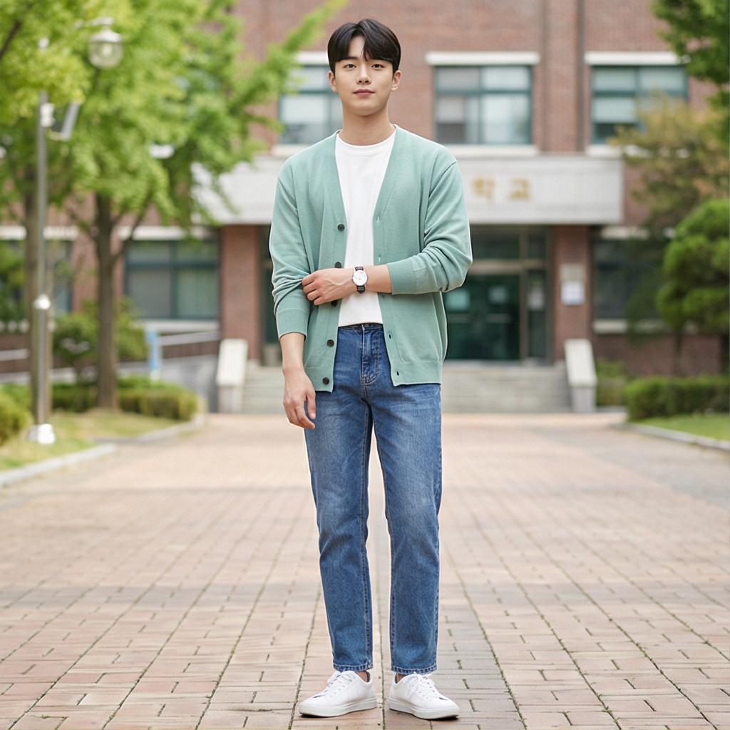 흰색 무지 티셔츠 & 중청 데님: 실패 없는 캠퍼스 룩