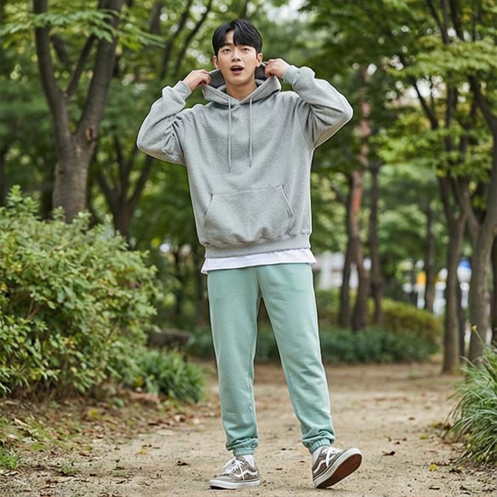 회색 후드티: 캐주얼한 캠퍼스 스타일