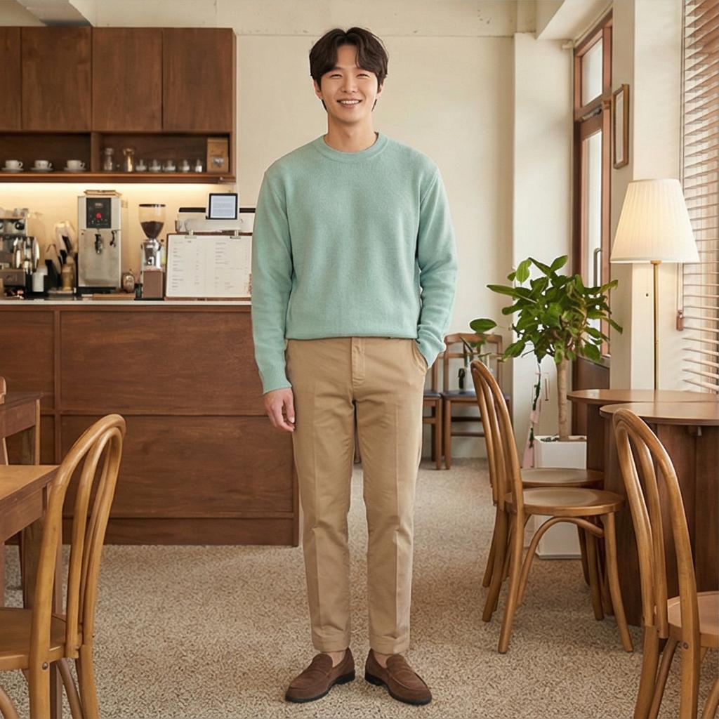 베이지 치노 팬츠: 부드러운 감성의 데이트 룩