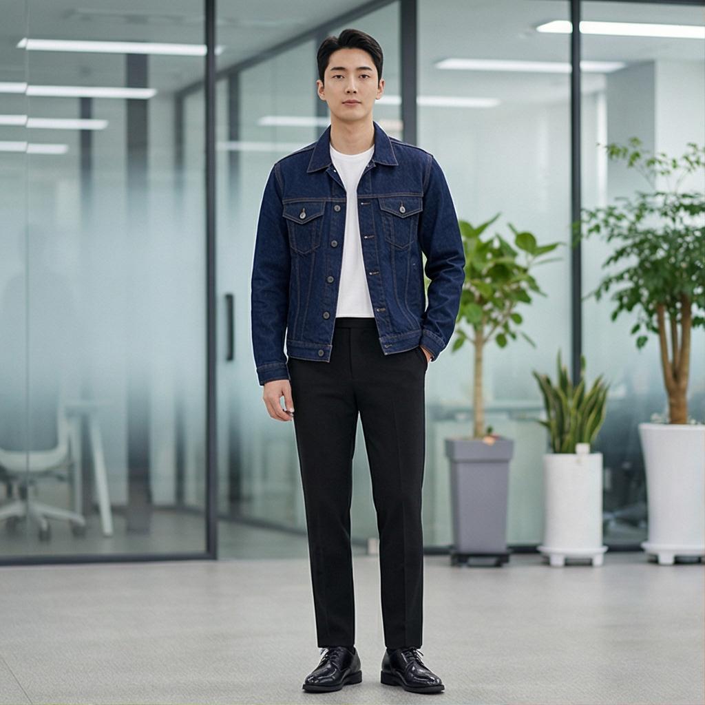 흰색 티셔츠, 검정 슬랙스: 깔끔한 비즈니스 캐주얼