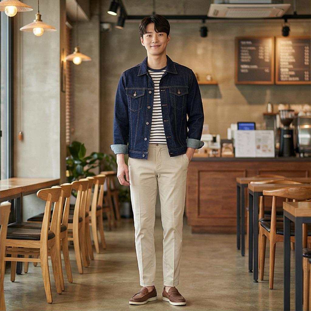 베이지 치노 팬츠: 부드러운 인상의 데이트 룩