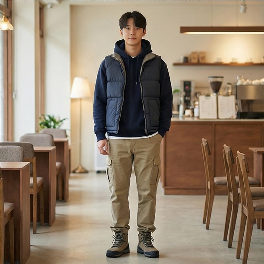 카키색 카고 팬츠: 활동적인 분위기