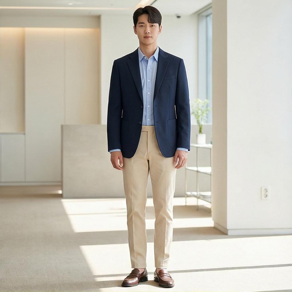 베이지 치노 팬츠 & 셔츠: 단정한 비즈니스 캐주얼룩