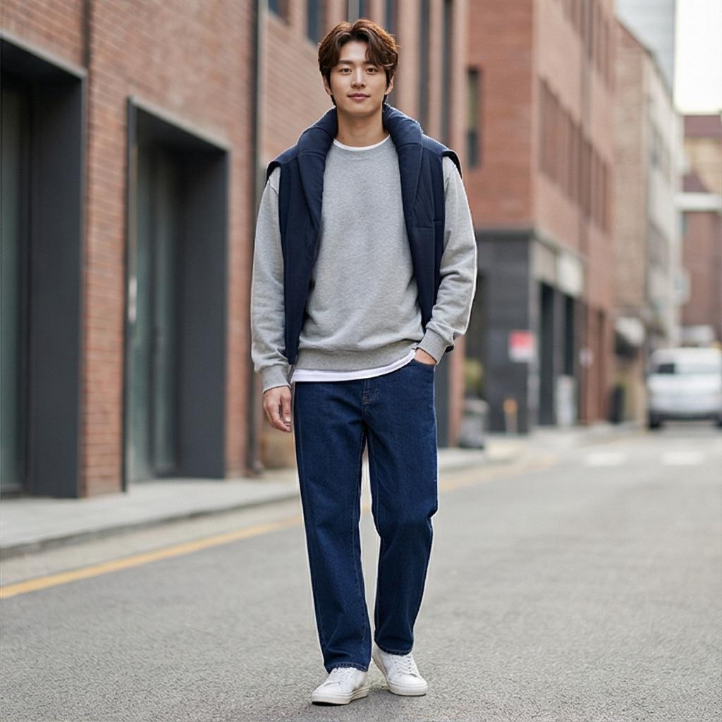 회색 맨투맨: 편안한 주말 나들이 스타일