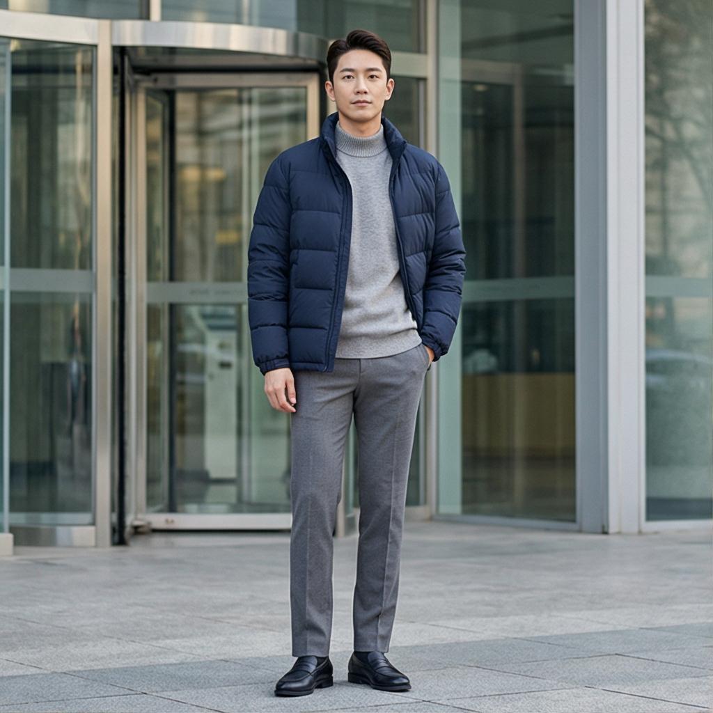 회색 슬랙스와 니트: 비즈니스 캐주얼 룩
