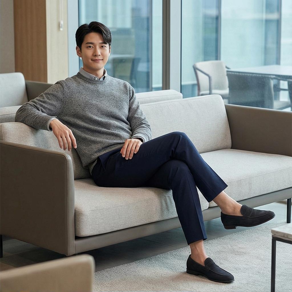 회색 니트 & 가디건: 지적인 비즈니스 캐주얼 분위기