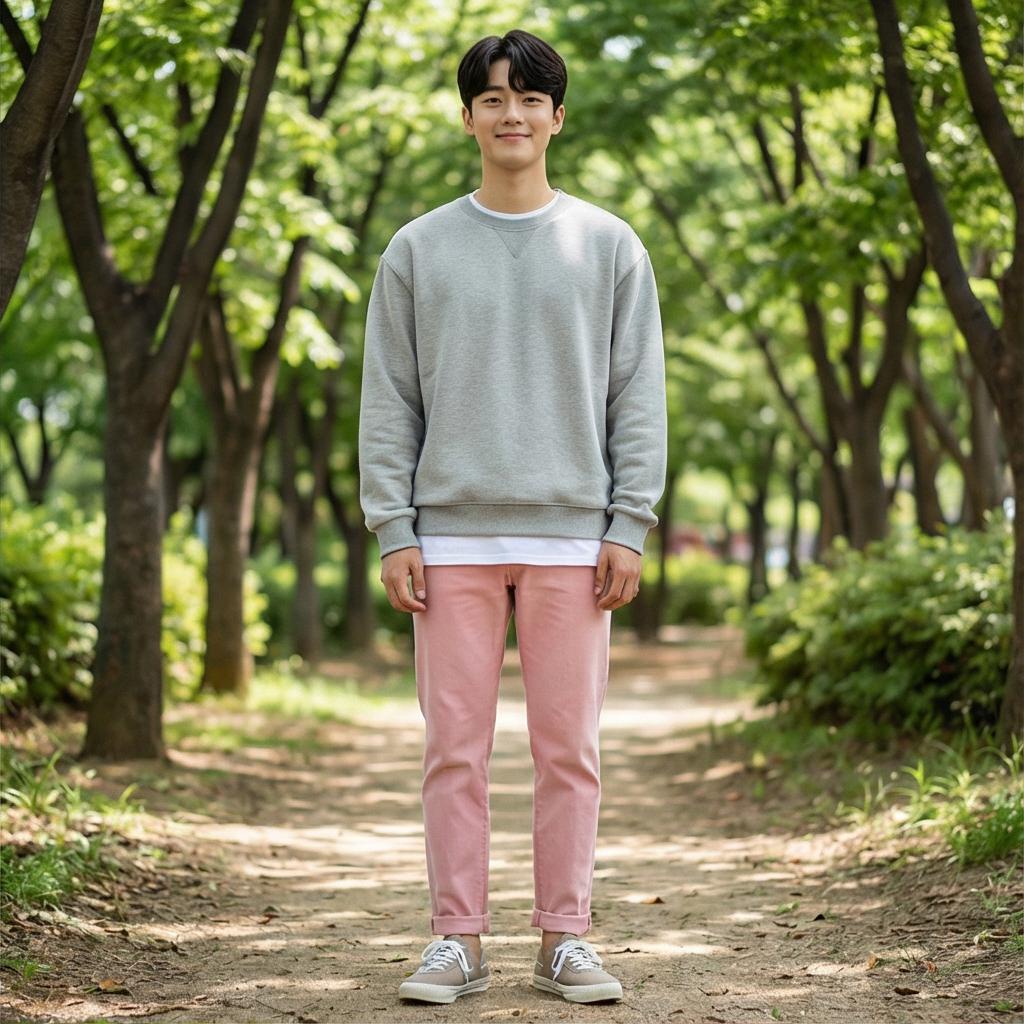 회색 맨투맨: 편안한 근교 나들이 룩