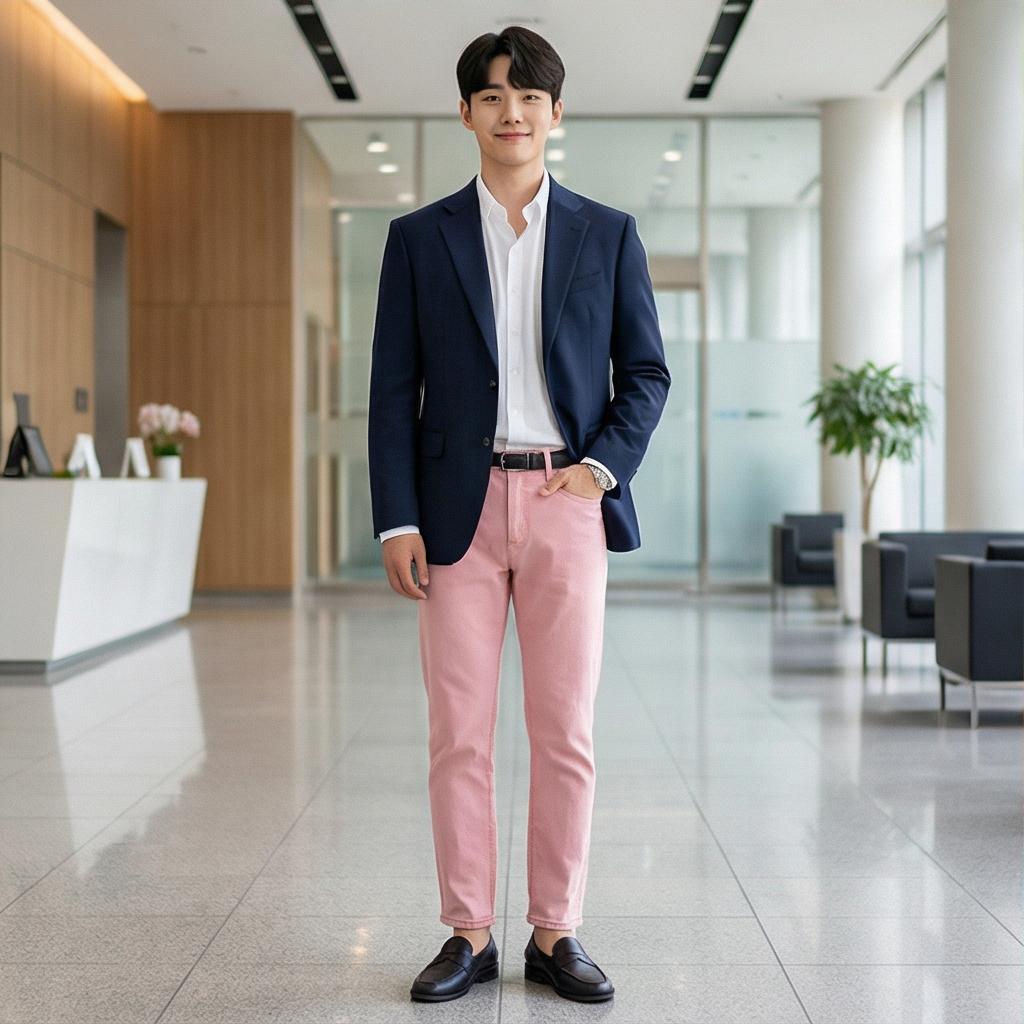 네이비 자켓 & 로퍼: 단정한 비즈니스 캐주얼 룩