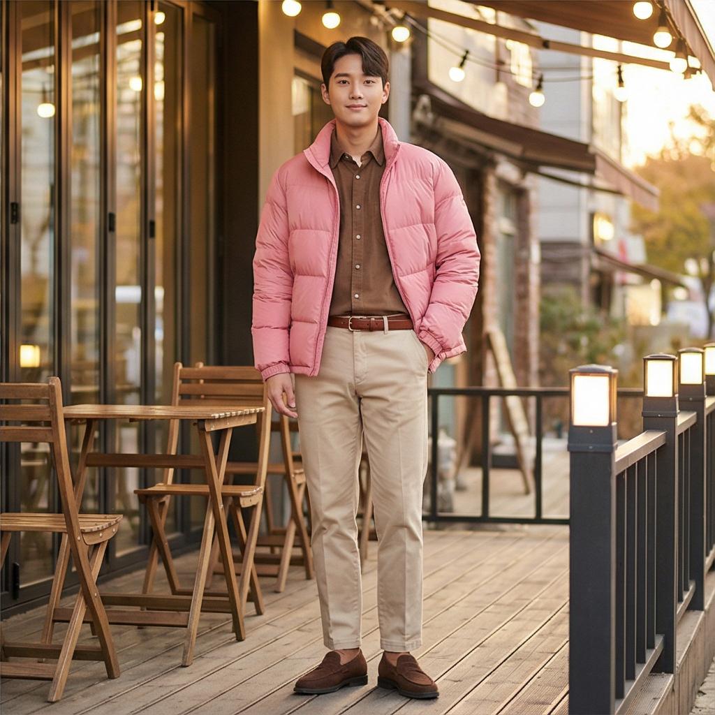 베이지 치노 팬츠: 포근한 나들이 룩