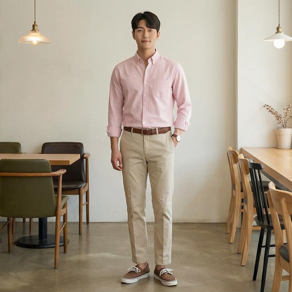 베이지 치노 팬츠: 부드러운 인상의 데이트 룩