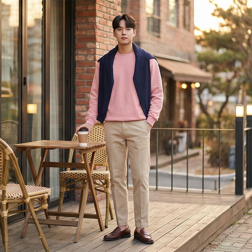 베이지 치노 팬츠: 부드러운 데이트룩