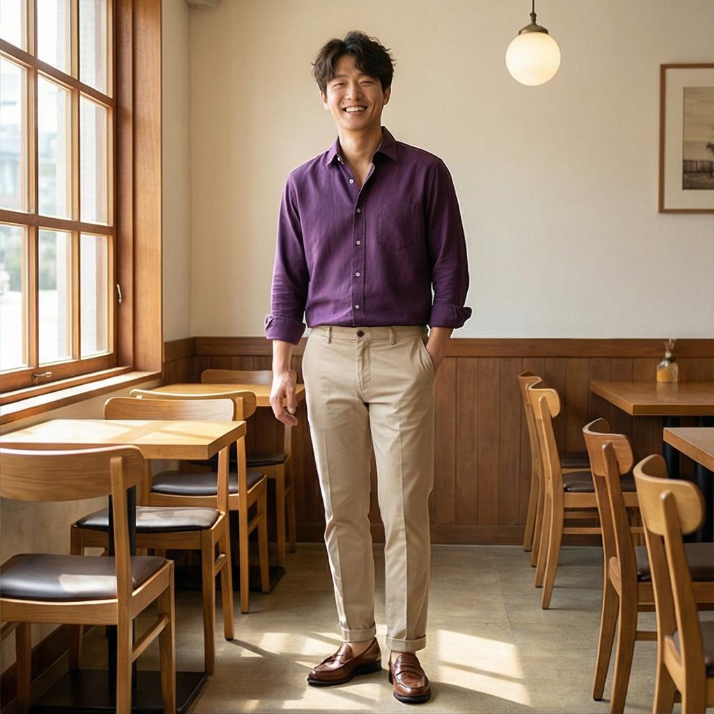 베이지색 치노 팬츠: 부드러운 비즈니스 캐주얼 룩
